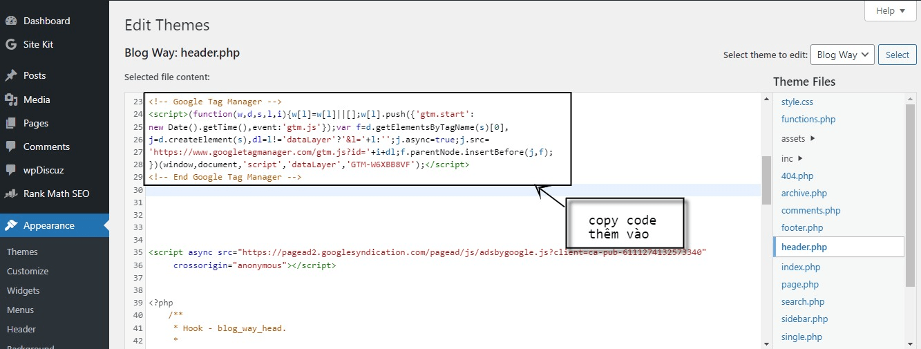 Thêm code vào WordPress bằng theme file editor