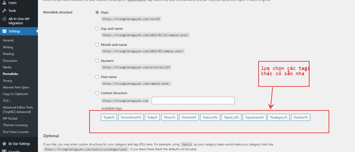 Lựa chọn các Tags khác trong mục Permalink 
