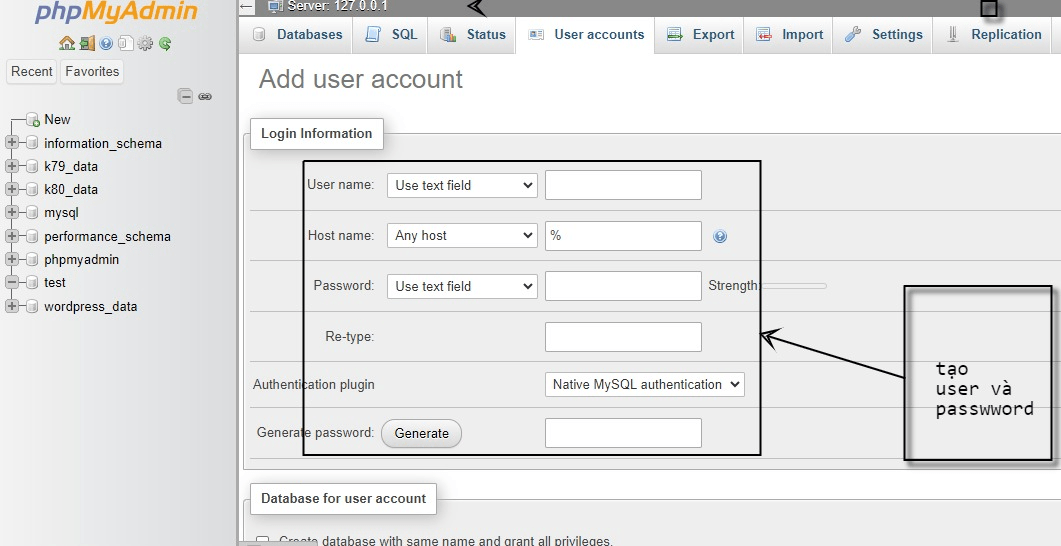 Tạo User và Password